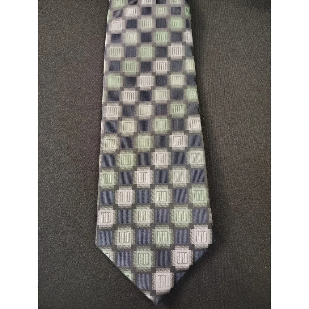 Alexander Julian Colours Tie Men Green Grey Checkered Grid Box Pattern Polyester